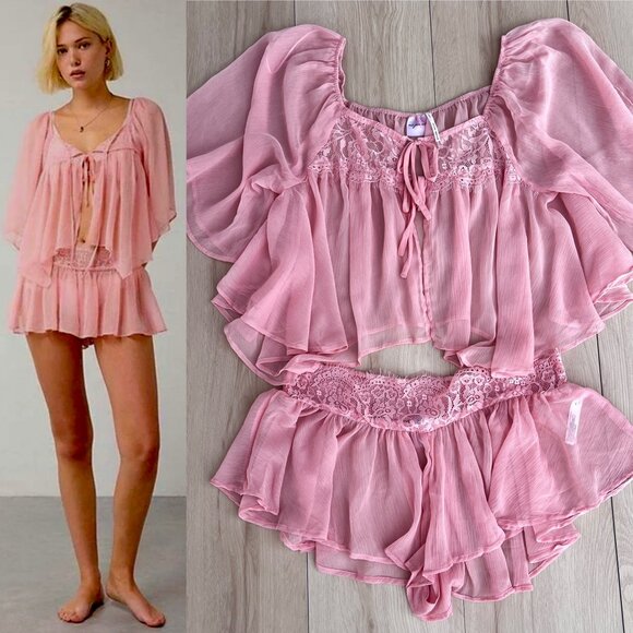 Urban Outfitters Other - Out From Under Sweet Like Honey Sheer Lace Trim 2-Piece PJ Set Peachy Pink (L)